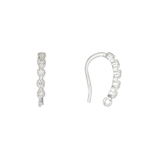 Ear wire fishhook 1pkg2 sterling silver / cubic zirconia, 15mm / open loop, 17 gauge clear 1 pair image number 0