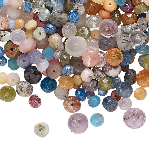 Bead mix, multi-gemstone (natural / dyed / heated), 2mm-7x5mm hand-cut faceted rondelle with 0.4-1.4mm hole, Mohs hardness 3 to 7. Sold per 1-ounce pkg, approximately 275-300 beads. image number 0