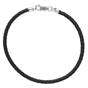 Bracelet cord, rubber and sterling silver, black, 3mm braided, 7 inches with lobster claw clasp. Sold individually.