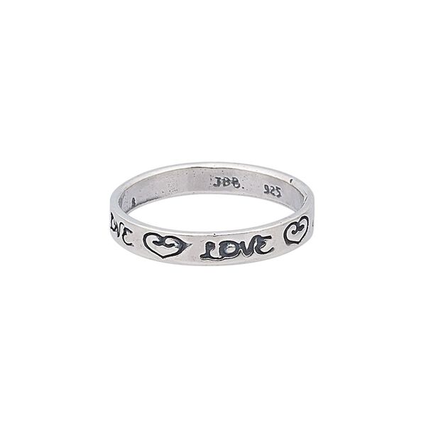 Ring, sterling silver, 3.5mm wide with "LOVE" and hearts design, size 8. Sold individually. image number 0