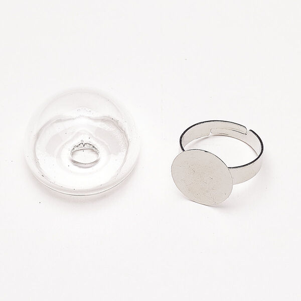 Ring, adjustable, steel and glass, pkg/2, 8mm flat pad, antique silver finish and clear. image number 0