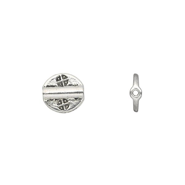 Bead, antique silver-plated "pewter" (zinc-based alloy), 10x3mm double-sided flat round tube. Sold per pkg of 50. image number 0