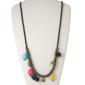 Necklace, gunmetal-finished pewter (tin-based alloy) / steel / resin, multicolored, 35 inches with 2-inch extender chain and lobster claw clasp. Sold individually.