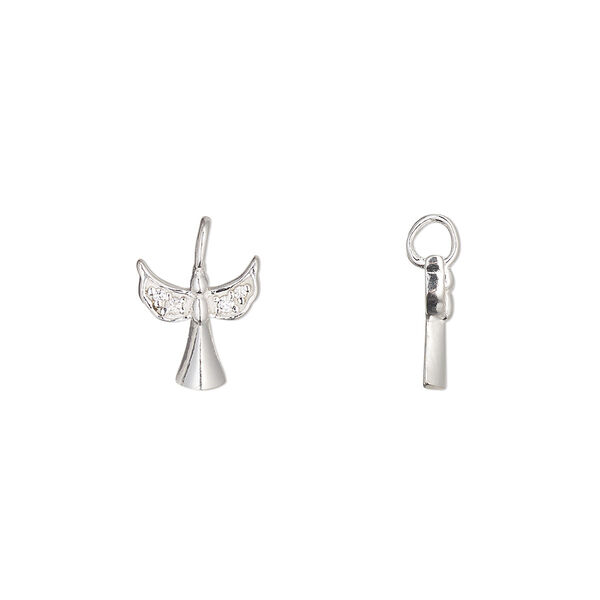 Charm 1pkg1 sterling silver / cubic zirconia 9x8.5mm angel perpendicular loop, clear image number 0