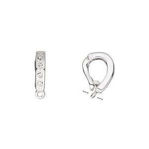 Bail, Czech glass rhinestone and silver-plated brass, clear, 12x3mm single-sided hinged oval with closed loop, 6mm grip length. Sold per pkg of 2.