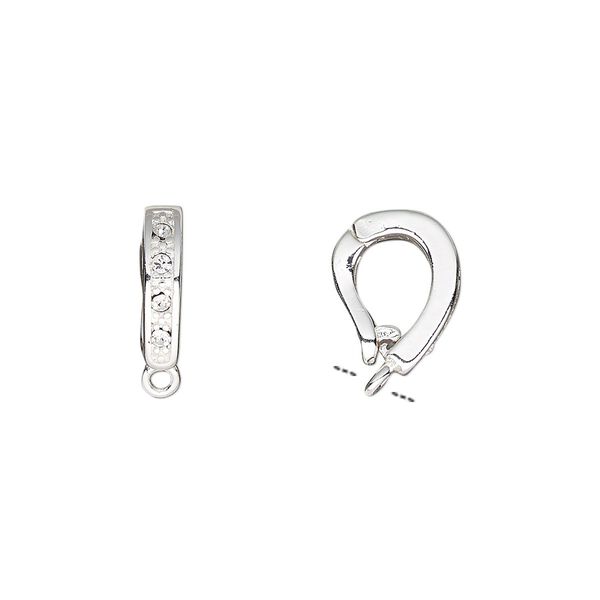 Bail, Czech glass rhinestone and silver-plated brass, clear, 12x3mm single-sided hinged oval with closed loop, 6mm grip length. Sold per pkg of 2. image number 0