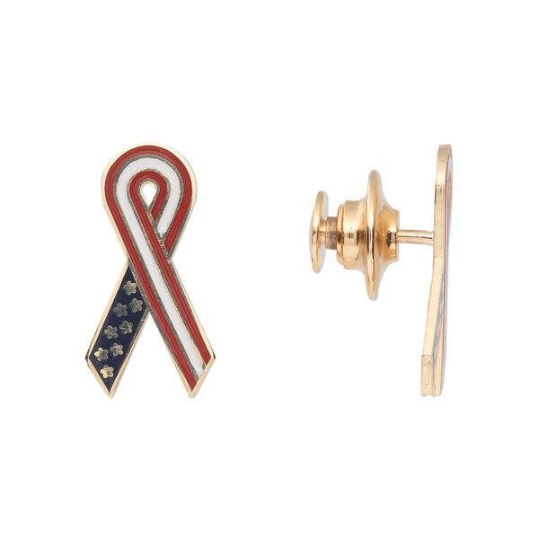 Spot pin, 14Kt gold with enamel and gold-finished brass, red / white / blue, 20x10mm awareness ribbon with gold-finished brass clutch pin back. Sold individually. image number 0