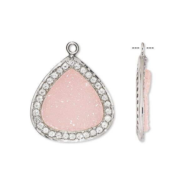 Drop, druzy agate (dyed) / white topaz (natural) / sterling silver, pink, 20x20mm single-sided teardrop. Sold individually. image number 0