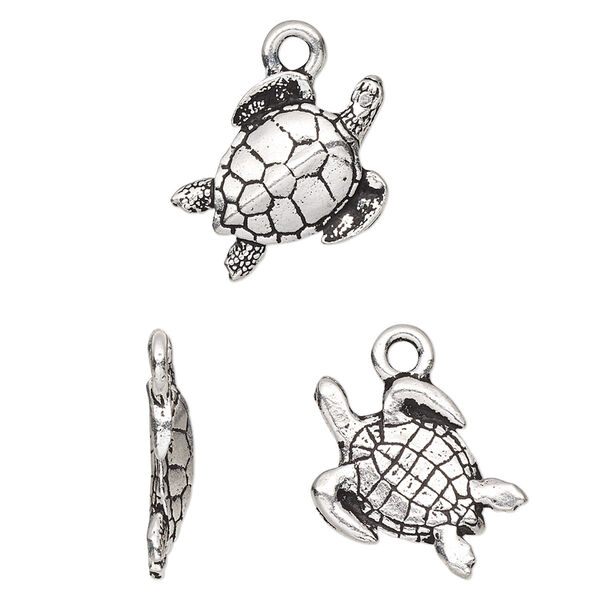 Charm, TierraCast®, antique silver-plated pewter (tin-based alloy), 16mm 3D sea turtle. Sold per pkg of 2. image number 0
