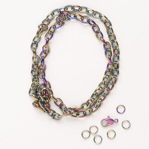 Chain and finding assortment, steel and enamel, pkg/7, rainbow, 5.3-5.5mm rolo chain and mixed findings.