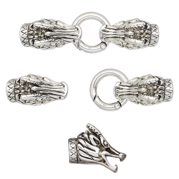 Clasp, self-closing hook, antique silver-finished "pewter" (zinc-based alloy), 65x20mm with 30x14.5mm dragon head and 20mm jump ring with glue-in ends, 7-8 inside diameter. Sold individually. image number 0