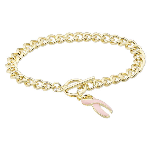 Bracelet, enamel with gold-finished steel and "pewter" (zinc-based alloy), pink, 22x12mm awareness ribbon, 7 inches with toggle clasp. Sold individually. image number 0