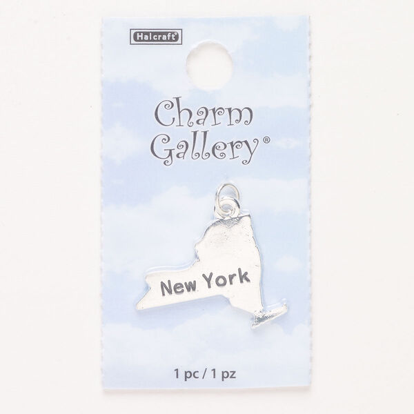 Charm, steel and enamel, pkg/1, silver finish and black, 26x19mm with "New York." image number 0