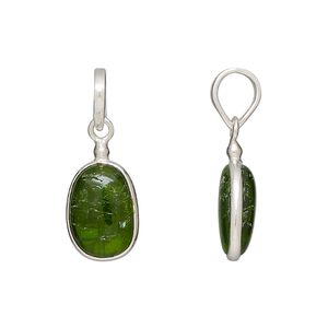 Pendant, chrome diopside (natural) and sterling silver, 14x10mm-17x10mm double-sided freeform. Sold individually.