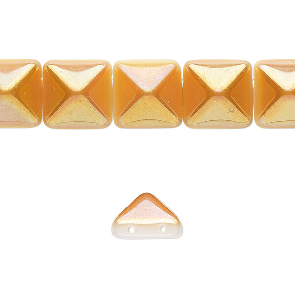 Spacer, Preciosa, Czech pressed glass, opaque alabaster and amber yellow, 11x11x7.5mm 2-strand pyramid, fits up to 5.5mm bead. Sold per 8-inch strand, approximately 15 spacers. image number 0