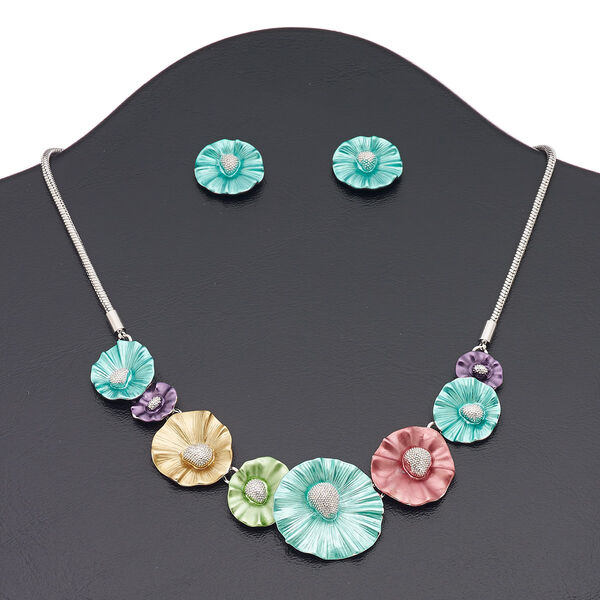 Necklace and earring set, enamel / silver-finished steel / brass / "pewter" (zinc-based alloy), matte multicolored, flowers, 16 inches with 3-inch extender chain and lobster claw clasp, 19x18mm flower with post. Sold per set. image number 0
