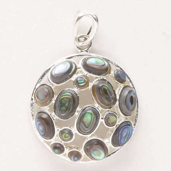 Pendant, silver-finished brass and paua shell (natural), 28mm domed round. Sold individually. image number 0