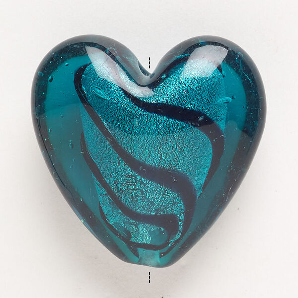 Bead, lampworked glass, pkg/1, opaque and translucent teal and black with silver-colored foil, 34-36mm puffed heart. image number 0