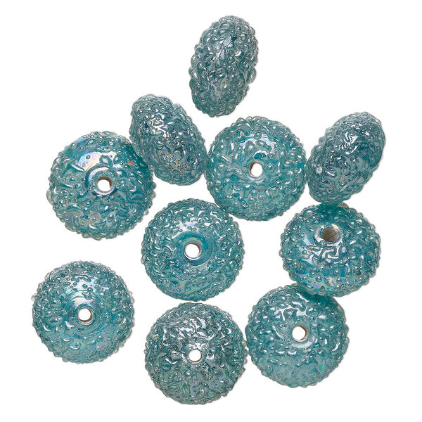 Bead, lampworked glass, translucent teal blue AB, 15x8mm textured rondelle. Sold per pkg of 10. image number 0