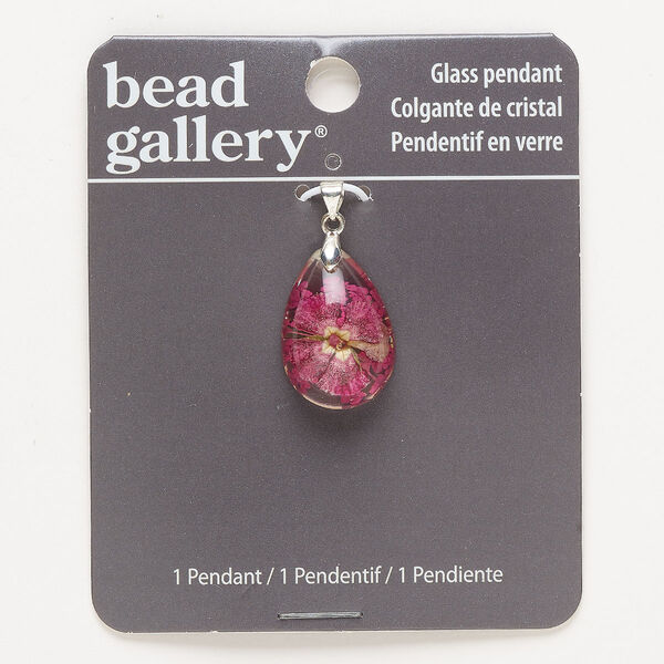 Pendant, acrylic and silver-finished brass, pink and clear, 24x17mm teardrop with flower. Sold individually. image number 0