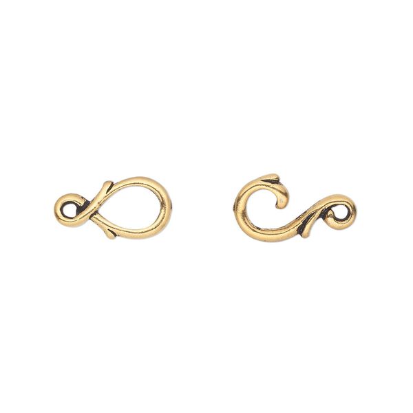 Clasp, TierraCast®, hook-and-eye, antique gold plate pewter (tin-based alloy), 16x7mm with fancy vine design. Sold individually. image number 0