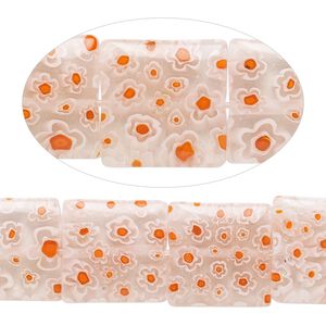Bead, millefiori glass, translucent clear / white / red, 14mm puffed square with 0.6-0.8mm hole. Sold per 15-inch strand.