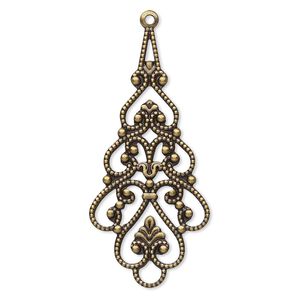 Focal, antique gold-plated brass, 38x18mm filigree teardrop. Sold per pkg of 10.