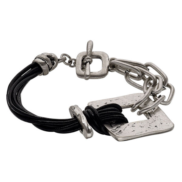 Bracelet, multi-strand, leather (dyed) / steel / pewter (tin-based alloy), black, 34x34mm square donut, 7 inches with square toggle clasp. Sold individually. image number 0
