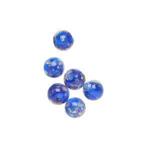 Bead, lampworked glass, clear / cobalt blue / glow-in-the-dark / gold, 6mm round. Sold per pkg of 6.