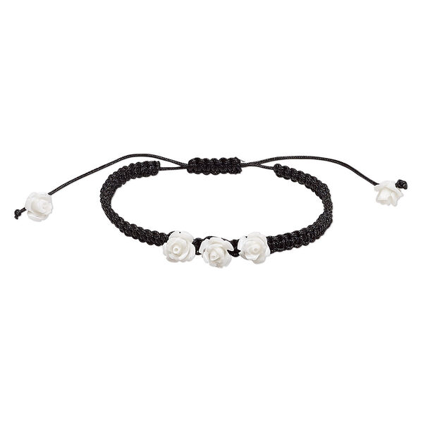 Bracelet, waxed cotton cord and resin, black and white, 10mm rose, adjustable from 7 to 9-1/2 inches with macramé knot closure. Sold individually. image number 0