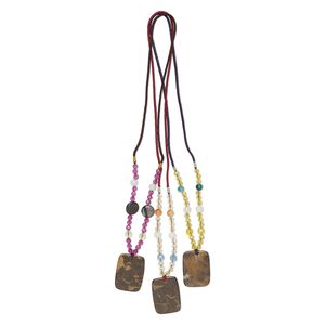 Multi-gemstone / acrylic / glass 1pkg3, rounded rectangle pendant necklace mix continuous loop 20 inch 40x30mm