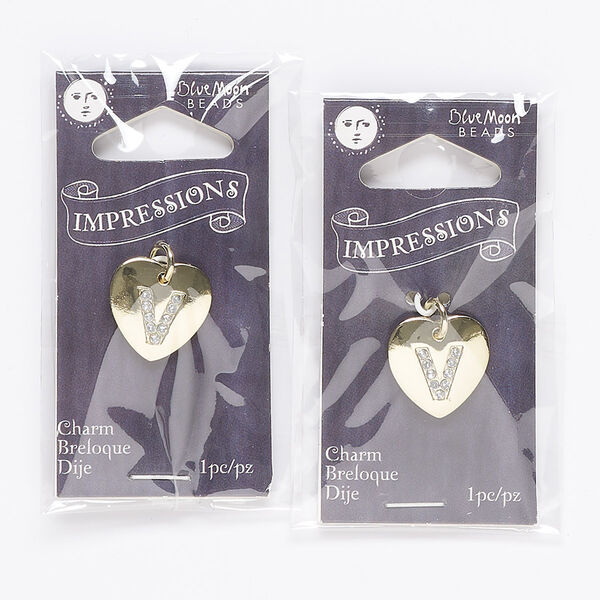 Charm, gold-finished "pewter" (zinc-based alloy) / steel / acrylic rhinestone, clear, 15.5x15mm single-sided puffed heart with letter "V." Sold per pkg of 2. image number 0