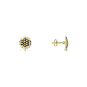 Earstud 1pkg2 sterling silver / black spinel (natural), 12x11mm beaded hexagon / open loop, gold-finished 1 pair