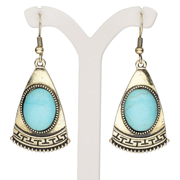 Earring, magnesite (dyed / stabilized) with antique gold-finished brass and "pewter" (zinc-based alloy), turquoise blue, 2 inches with triangle and fishhook ear wire. Sold per pair. image number 0