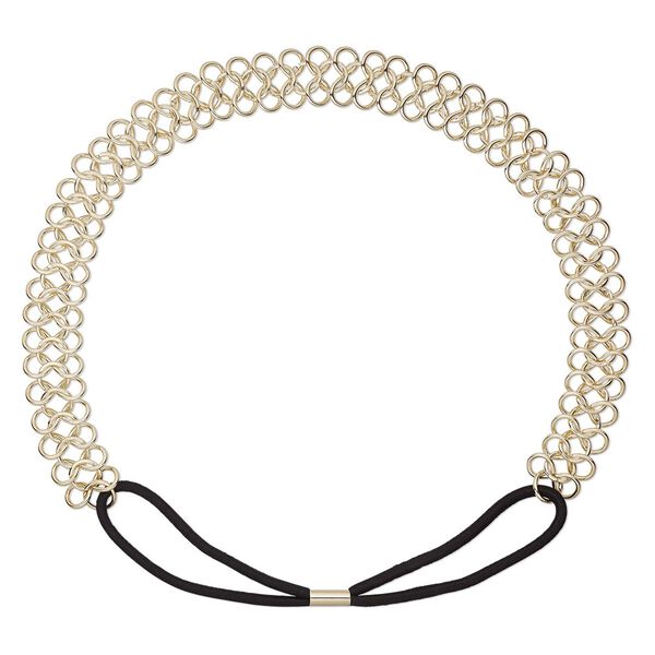 Headband, stretch, nylon / rubber / gold-finished steel, black, 20mm wide with link design, 20 inches. Sold individually. image number 0