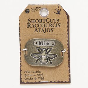 Focal, antique brass-plated "pewter" (zinc-based alloy) and brass, 41x33mm domed oval with bee / "QUEEN" / (2) 7x2mm holes. Sold individually.