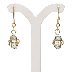 Earring, glass / glass rhinestone / gold-finished brass / steel / "pewter" (zinc-based alloy), grey and clear, 1-1/2 inches with freeform and fishhook ear wire. Sold per pair.