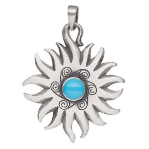 Pendant, Powerful Pewter Pendants, "turquoise" (resin) (imitation) and antique pewter (tin-based alloy), 44x37mm single-sided sun. Sold individually.