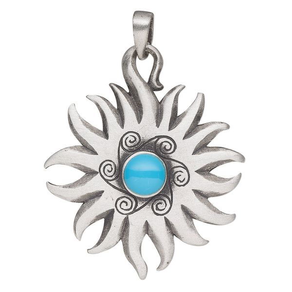 Pendant, Powerful Pewter Pendants, "turquoise" (resin) (imitation) and antique pewter (tin-based alloy), 44x37mm single-sided sun. Sold individually. image number 0