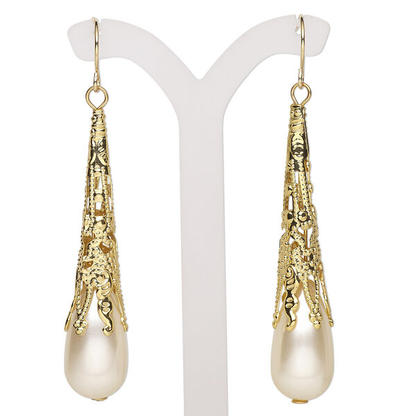 Earring, acrylic and gold-finished steel, white, 2-1/2 inches with teardrop and fishhook ear wire. Sold per pair. image number 0