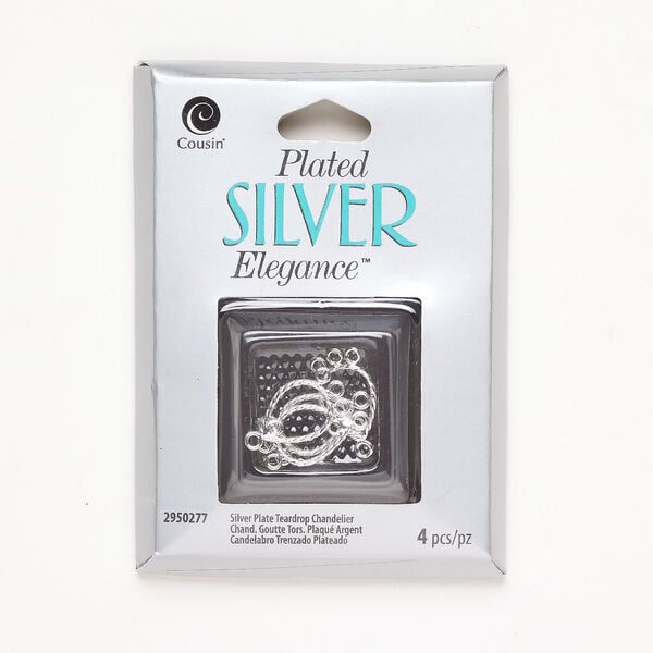 Drop 1pkg4, silver-finished brass, 15x12mm twisted teardrop with 3 bottom loops. image number 0