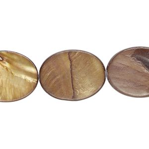 Bead, mother-of-pearl shell (dyed) 1pkg1, golden brown, 20x15mm-20x16mm flat oval, 15 inches.