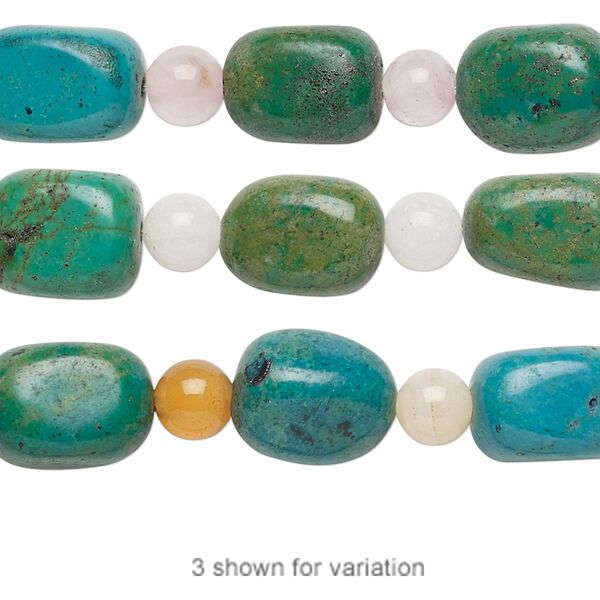 Bead mix, "turquoise" (imitation) resin and multi-gemstone (natural / dyed / heated / irradiated), teal green and dark forest green, 6mm round and small nugget. Sold per pkg of 7. image number 0