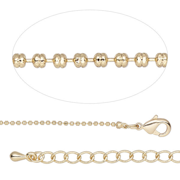 Chain, gold-finished brass, 1.2mm corrugated ball, 18 inches with 2-inch extender chain and lobster claw clasp. Sold individually. image number 0