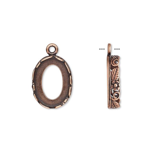 Drop, JBB Findings, antique copper-plated brass, 16x12mm oval with open back and flower and leaf design trim, 14x10mm oval bezel setting. Sold per pkg of 2. image number 0