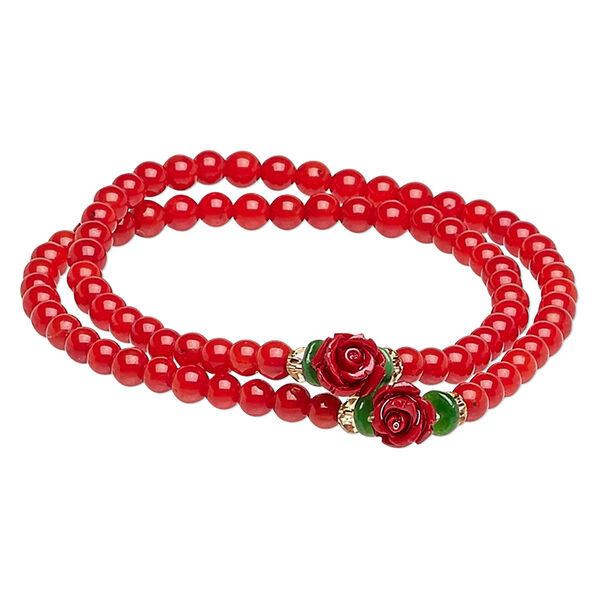 Bracelet, stretch wrap, bamboo coral (dyed) / resin / glass, red / green / yellow, 8mm rose, 7 inches. Sold individually. image number 0