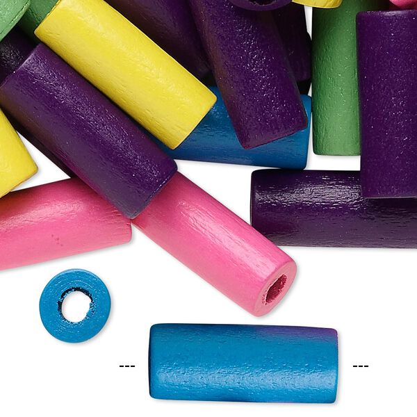 Bead mix, wood, mixed colors, 20x8mm round tube. Sold per 90-gram pkg, approximately 180 beads. image number 0
