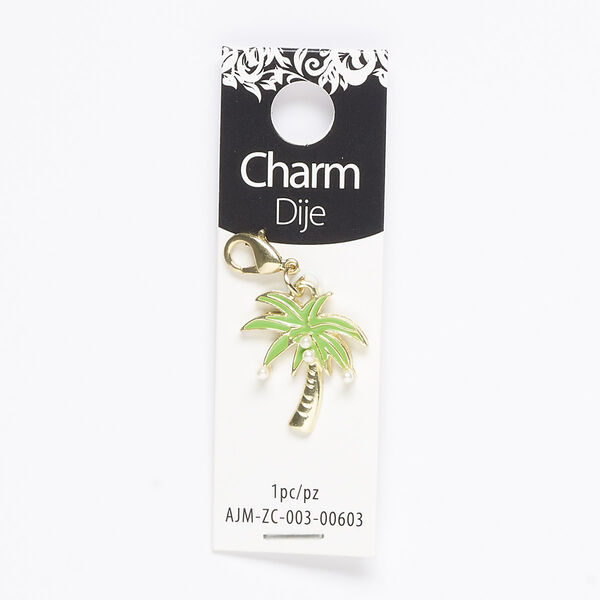 Charm, acrylic pearl / enamel / gold-finished "pewter" (zinc-based alloy) / steel, green and white, 22x20mm palm tree with lobster claw clasp. Sold individually. image number 0