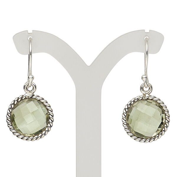 Earring, green quartz (heated) and antiqued sterling silver, 32mm with round and rope edge with fishhook ear wire, 21 gauge. Sold per pair. image number 0