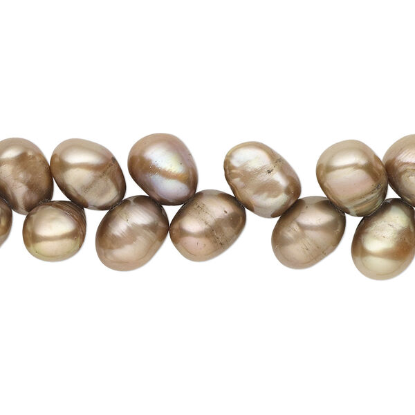 Pearl, cultured freshwater (dyed), satin beige, 8x6mm-10x7mm herringbone-drilled flat-sided rice with 0.4-0.6mm hole, C grade, Mohs hardness 2-1/2 to 4. Sold per 15-inch strand. image number 0
